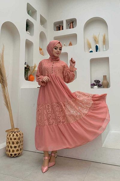 Bym Fashion Μπροστινό φόρεμα σιφόν με κουμπιά δαντέλα 3781 πούδρα