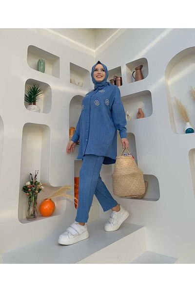 Bym Fashion Πέτρινο Σετ τούνικ και παντελόνι με κουμπιά 8403 μπλε