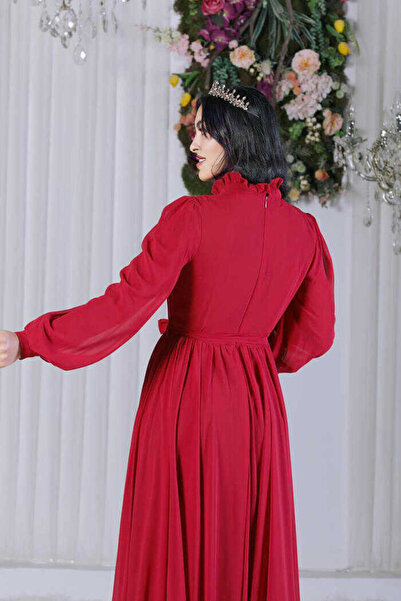 Bym Fashion Half Neck Detailed Front Layer Look Lined Chiffon Evening Dress 4976 Claret Red