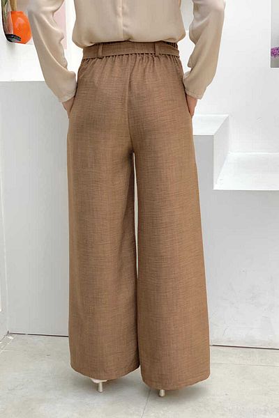 Bym Fashion Button Detailed Waist Tied Pocket Loose Trousers 0275 Brown