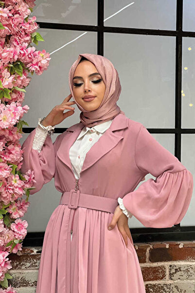 Bym Fashion Belt Accessory Chiffon Detailed Abaya and Dress Set 8391 Powder