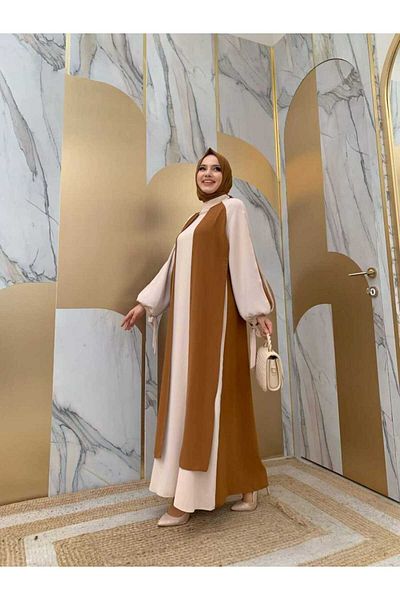 Bym Fashion Two-Color Piece Detail Balloon Sleeve Look Dress 3799 Tan
