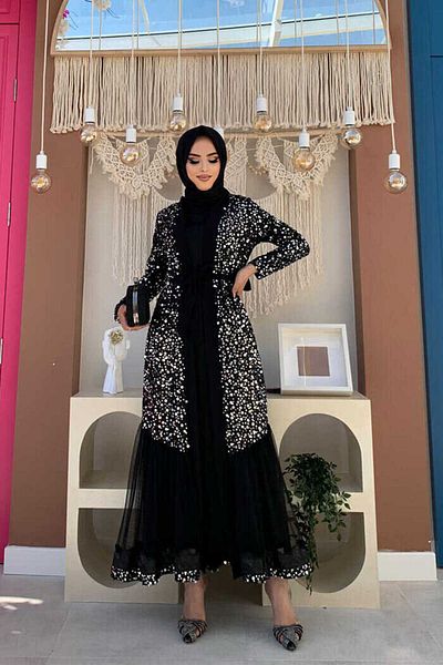 Bym Fashion Λεπτομέρεια κέντημα τούλι με παγιέτα Abaya 7376 Ασημί