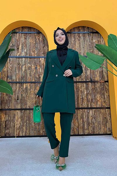 Bym Fashion Σετ κοντό σακάκι παντελόνι με κουμπιά 8352 Emerald