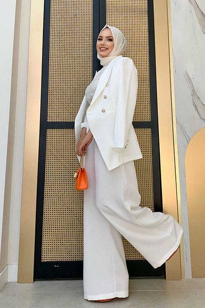 Bym Fashion Button Detail Blazer Jacket Loose Trousers Set 8302 Ecru