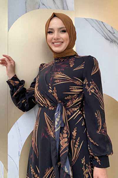 Bym Fashion Φόρεμα σιφόν λεπτομέρειας με σχέδιο φύλλων βολάν 3842 μαύρο