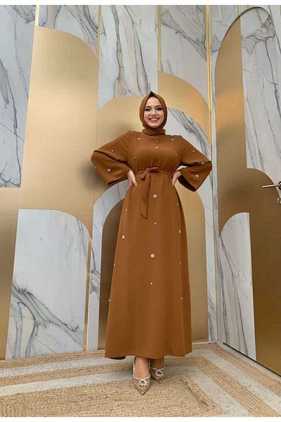 Bym Fashion Πέτρινο φόρεμα με ζωσμένη μέση 3797 μαύρισμα