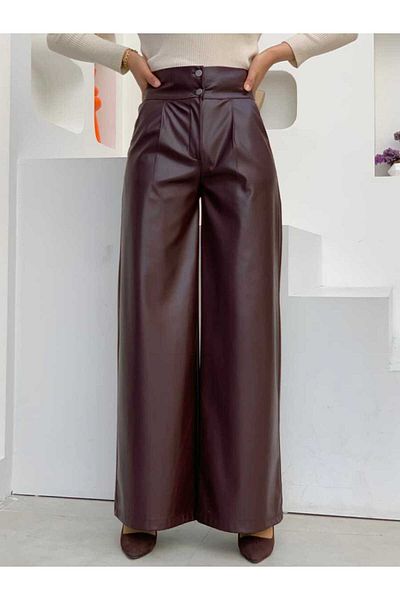 Bym Fashion Zippered Button Detailed Leather Pocket Trousers 0253 Claret Red