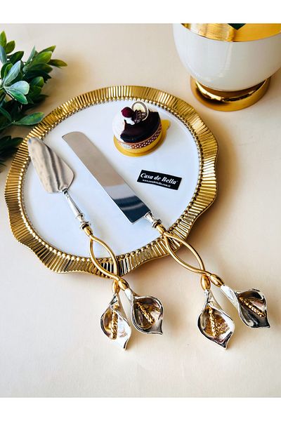 CASA DE BELLA Gold 2 Piece Floral Figured Spatula Knife Cake Set