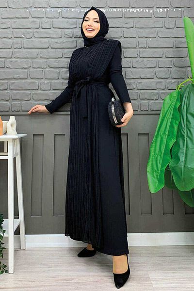 Bym Fashion جمبسوت شيفون مطوي بتفاصيل حزام الخصر 3498 أسود