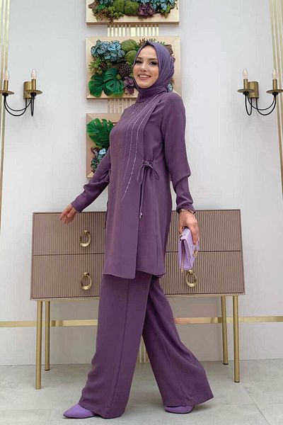Bym Fashion Stone Print Patterned Tunic Trousers Set 8447 Lilac