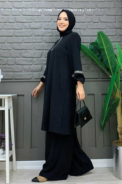 Bym Fashion Πέτρινο Κέντημα Λεπτομερές τουνίκ Κοστούμι με Παντελόνι 8464 Μαύρο