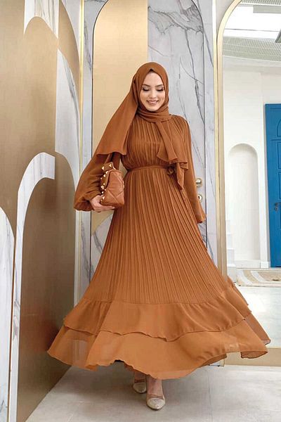 Bym Fashion Pleated Layered Detailed Lined Dress 3836 Tan