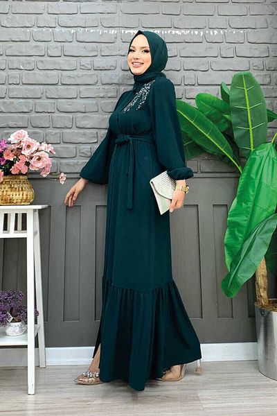 Bym Fashion Λεπτομερές φόρεμα Ferace 3840 Emerald με κέντημα ώμου με κουμπιά