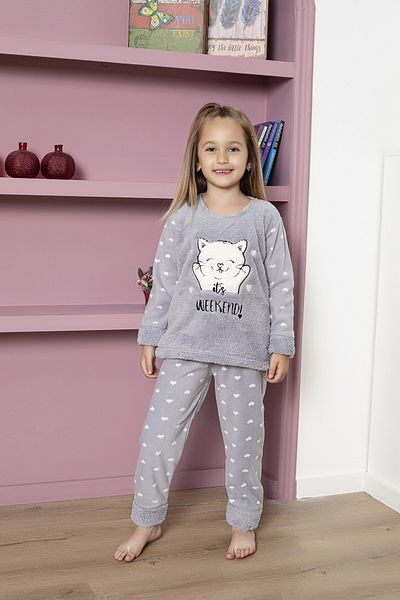 KAPİKİDS DOOR KİDS Long Sleeve Weekend Cat Gray Color Girls Fleece Children's Pajamas Set