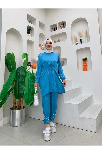 Bym Fashion Διπλό Σετ με Μπροστινή Λεπτομέρεια Gather και Λεπτομέρεια Κέντημα Πέρλα 8416 Μπλε