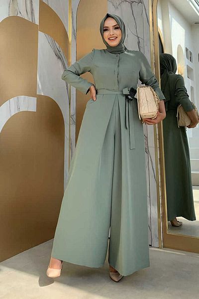 Bym Fashion Waist Belted Jumpsuit with Hidden Button Detail on the Chest 3676 Mint