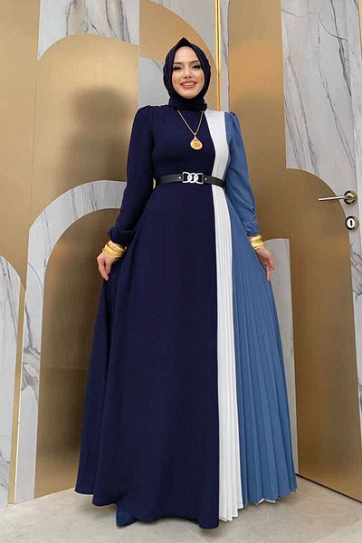 Bym Fashion Three Color Waist Belt Pleat Detail Dress 3622 Navy Blue