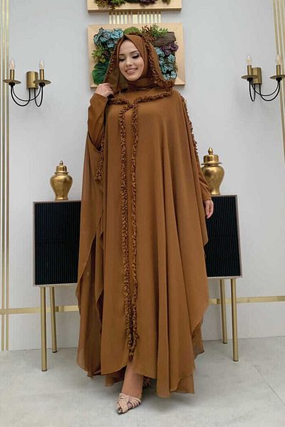 Bym Fashion Hooded Specified Parts Ruffle Λεπτομερές Σετ βραδινό φόρεμα με μπαλάκι 3778 Tan