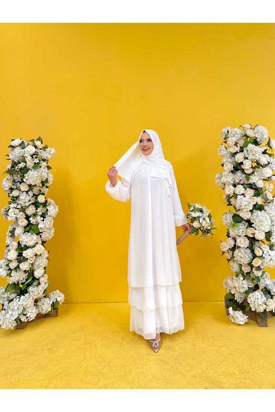 Bym Fashion Layered look Μανίκια Φόρεμα σιφόν ελαστικό 3060 εκρού