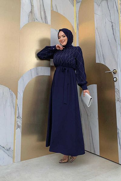 Bym Fashion Πέτρινο Κεντητό Φόρεμα Ζώνη 3830 Μπλε Navy