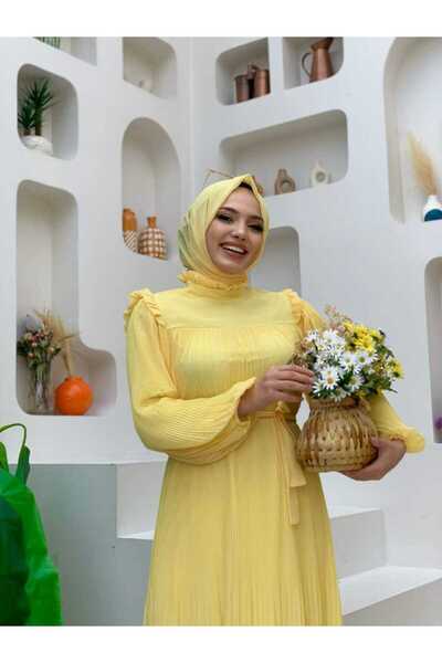 Bym Fashion Φόρεμα σιφόν με πλισέ λουκ 3628 κίτρινο