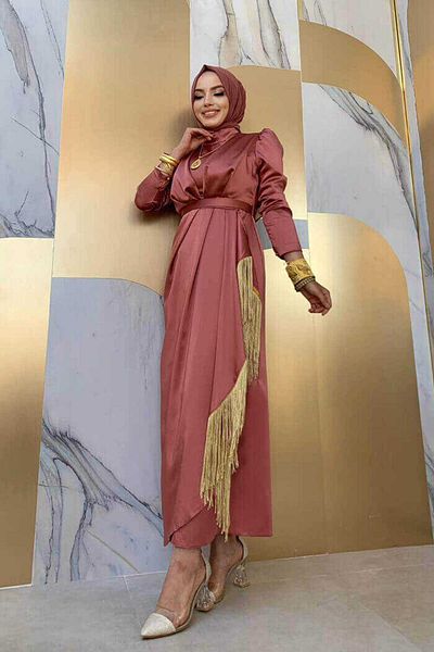 Bym Fashion Φούστα Φούντα Λεπτομέρεια Ζώνη Αξεσουάρ Σατέν Βραδινό Φόρεμα 3763 αποξηραμένο ροζ χρυσό