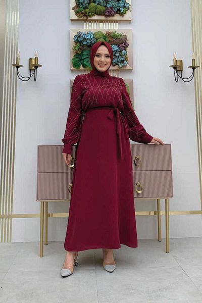 Bym Fashion Stone Embroidered Belted Dress 3830 Claret Red