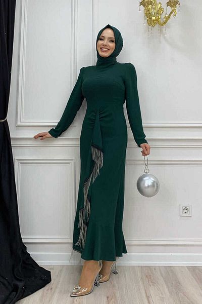 Bym Fashion Βραδινό φόρεμα 3810 Emerald με μπροστινή αλυσίδα