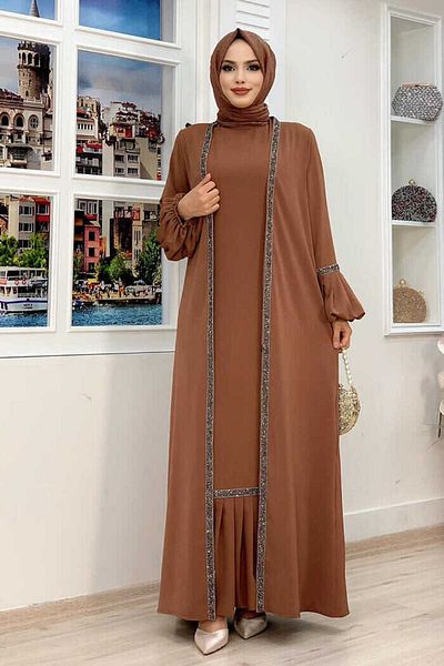 Bym Fashion Πέτρινη φόρεμα Abaya Zero Sleeve 3657 Καφέ