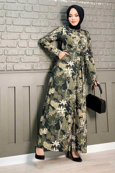 Bym Fashion بذلة منقوشة بحزام خصر وأزرار مخفية على الصدر 3486 باللون الأسود