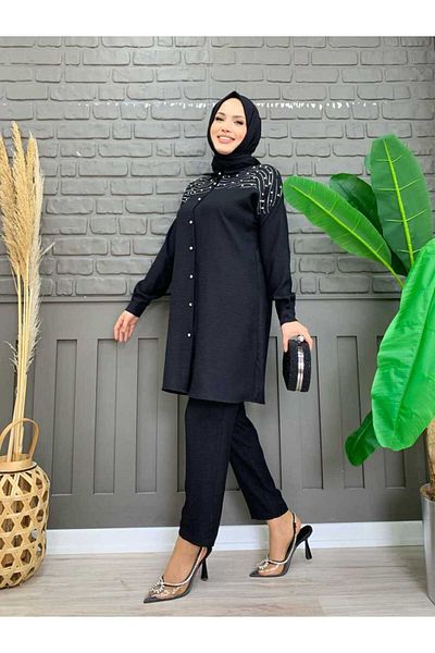 Bym Fashion Schultersteinbesticktes, geknöpftes Tunika- und Hosen-Set 8430 Schwarz