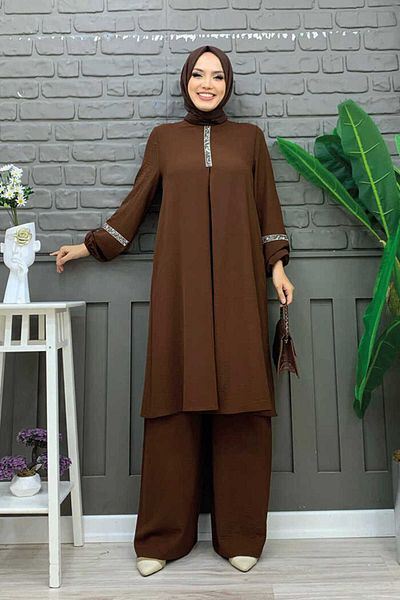Bym Fashion Πέτρινο Κέντημα Λεπτομερές τουνίκ Κοστούμι με Παντελόνι 8464 Καφέ