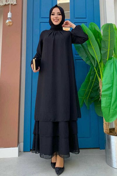 Bym Fashion Layered look Μανίκια Φόρεμα σιφόν ελαστικό 3060 Μαύρο