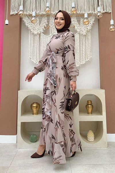 Bym Fashion Φόρεμα σιφόν λεπτομέρειας με σχέδιο φύλλων βολάν 3842 κόσμημα