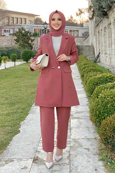 Bym Fashion Σετ κοντό σακάκι παντελόνι με κουμπιά 8352 αποξηραμένο τριαντάφυλλο