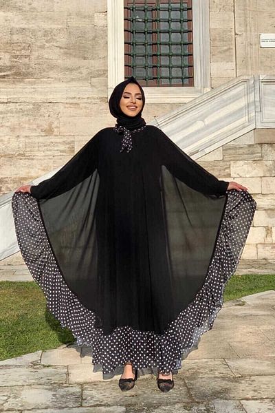 Bym Fashion Σετ φόρεμα μανδύα σιφόν με λεπτομέρεια με στίγματα 3643 μαύρο