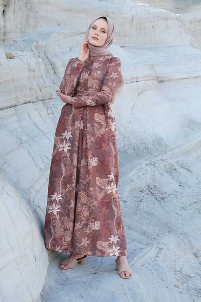 Bym Fashion Ολόσωμη φόρμα 3486 Καφέ με στάμπα ζωνισμένη με κρυφά κουμπιά στη μέση