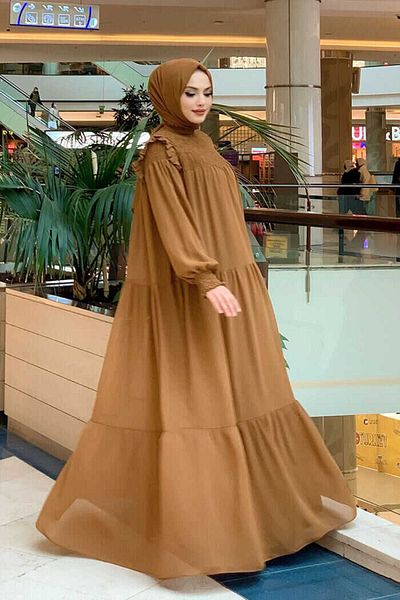 Bym Fashion Shoulder Side Gathered Look Casual Lined Φόρεμα 3511 Tan