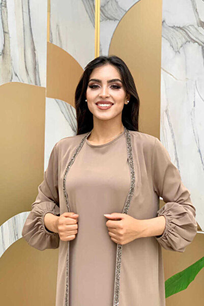 Bym Fashion Stone Detailed Abaya Zero Sleeve Dress Set 3657 Mink