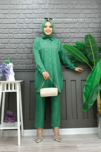 Bym Fashion Stone Detailed Buttoned Tunic and Trousers Double Suit 8404 Emerald