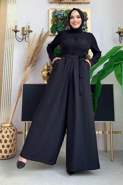 Bym Fashion بذلة بحزام الخصر مع تفاصيل أزرار مخفية على الصدر 3676 أسود