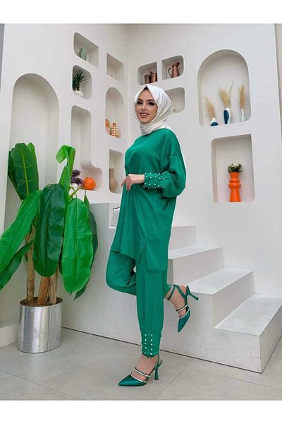 Bym Fashion Διπλό Σετ με λεπτομέρεια μπροστινής συλλογής και λεπτομέρεια κεντήματος με πέρλα 8416 Emerald