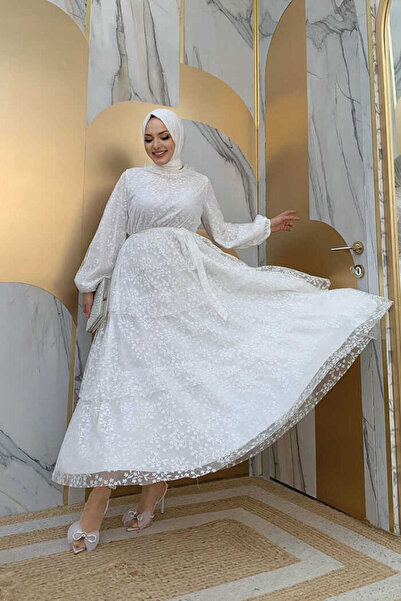 Bym Fashion Dantel Kat Kat Detaylı Kol Manşetleri Lastikli Kuşaklı Astarlı Elbise 3614 Ekru