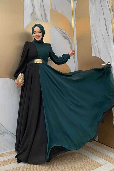Bym Fashion Βραδινό φόρεμα 3806 σμαραγδί, δίχρωμη ζώνη μέσης από σιφόν