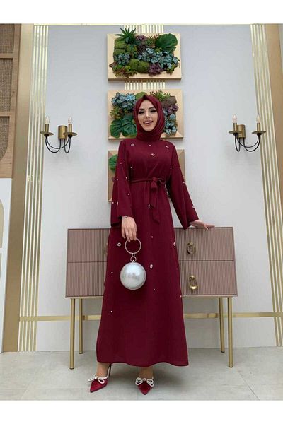 Bym Fashion Stone Detailed Waist Belted Dress 3797 Claret Red