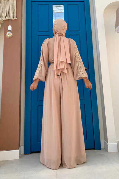 Bym Fashion Lace Embroidery Detail Sleeve Cuffs Elastic Chiffon Jumpsuit 3730 Stone