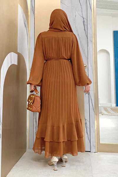 Bym Fashion Pleated Layered Detailed Lined Dress 3836 Tan