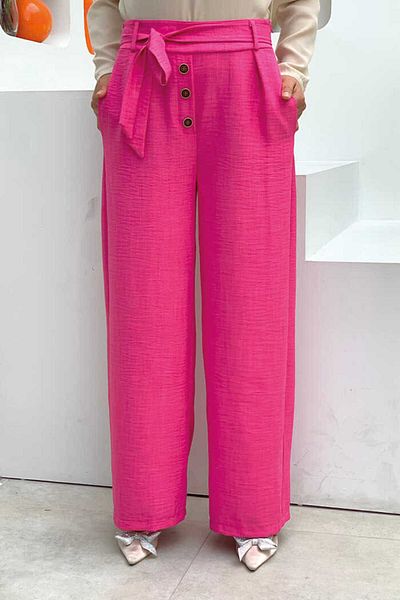 Bym Fashion Button Detailed Waist Tied Pocket Loose Trousers 0275 Fuchsia