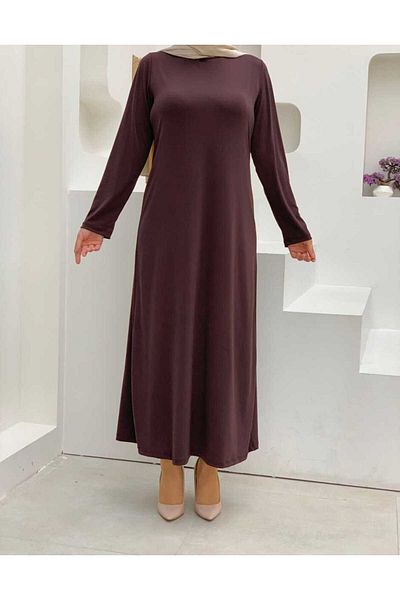 Bym Fashion Plus Size ίσια λαιμόκοψη μακρυμάνικο εσωτερικό αμμώδες φόρεμα 3202-1 καφέ